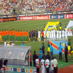 Les quipes nationales de la RDC et de la Zambie avant le coup d'envoi du premier match du groupe B  la CAN 2015 (1-1), le 18/01/2015