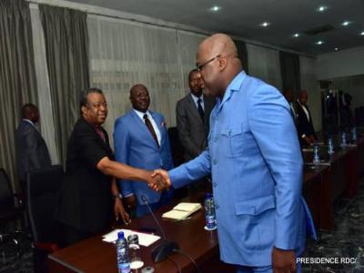 Le Prsident Flix Tshisekedi au cours d?une runion de rvaluation stratgique avec l?quipe de riposte contre Ebola, vendredi 19 juillet  la Cit de l?Union africaine  Kinshasa. Photo Prsidence de la RDC.